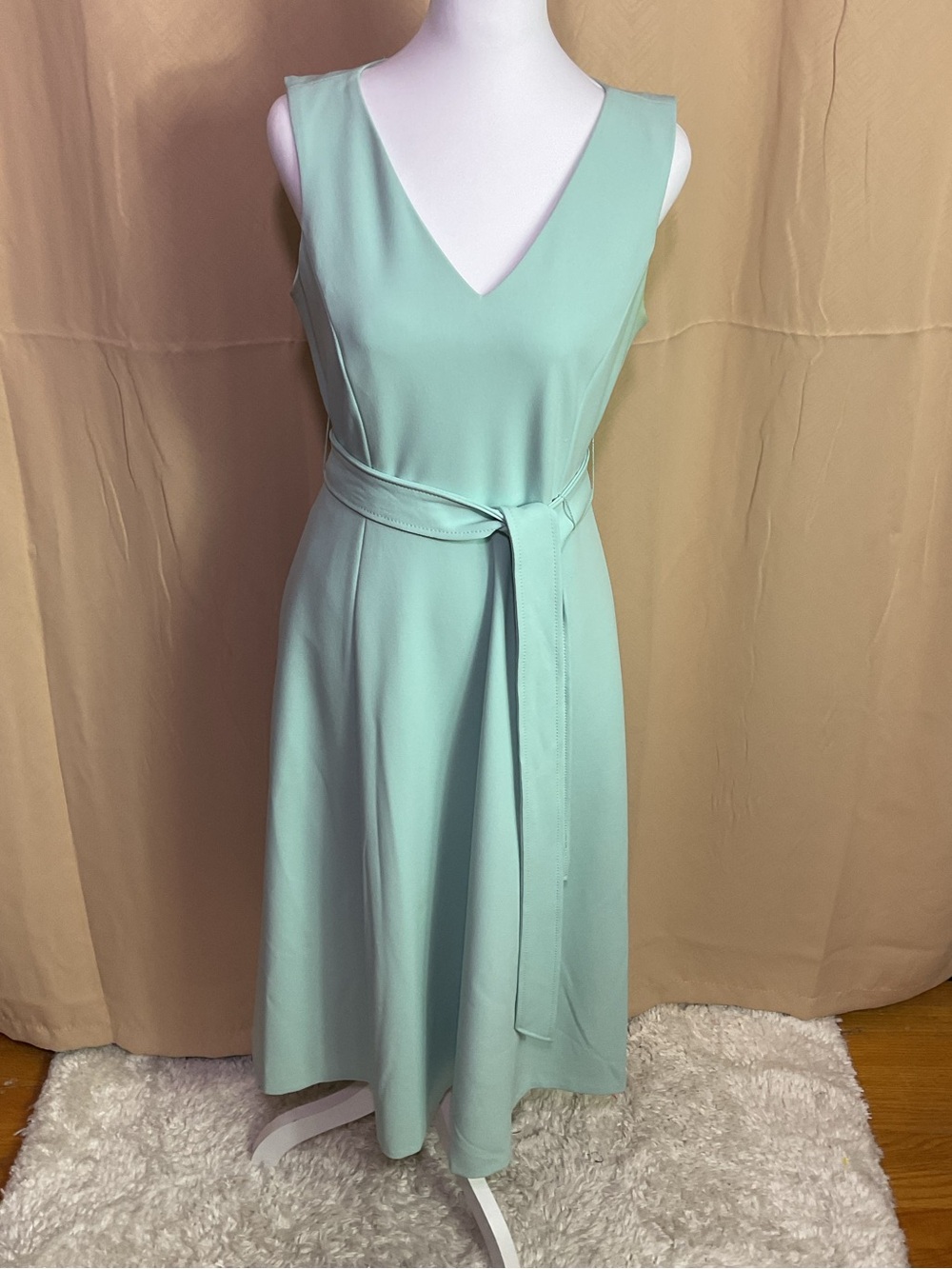 Calvin Klein Mint Green V-Neck Midi Dress with Self Tie